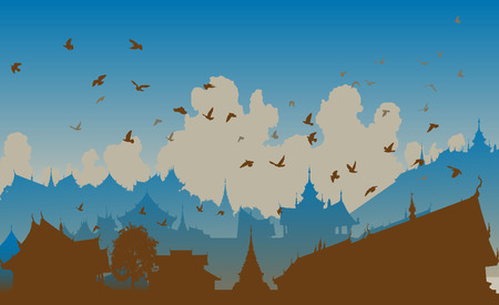  illustration of birds over a generic east asian cityのイラスト素材