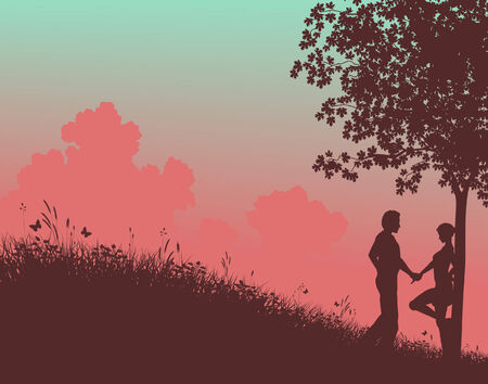 Editable  silhouette of a young couple in a field with people, tree and grass as separate elementsのイラスト素材