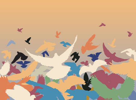 Vector design of a flock of colorful pigeons taking offのイラスト素材