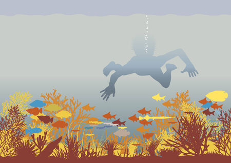Editable vector illustration of a boy swimming over a colorful coral reefのイラスト素材