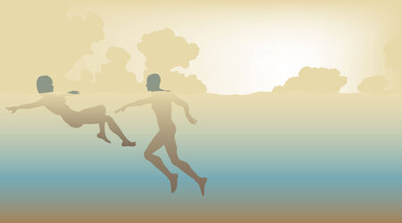 Editable vector illustration of a man and a woman swimming togetherのイラスト素材