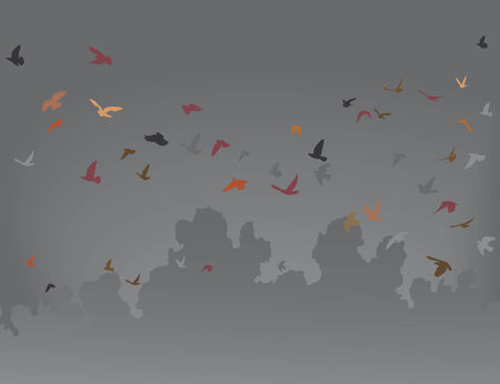  illustration of a flock of flying birds against a gray skyのイラスト素材