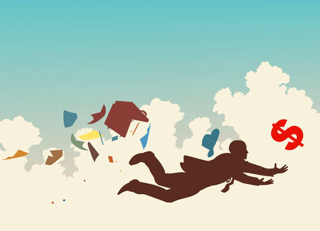  colorful silhouette of a businessman desperately trying to catch a falling dollarのイラスト素材