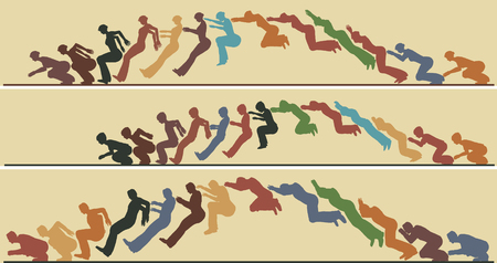 Editable vector silhouette sequences of a jumping man, woman and childのイラスト素材