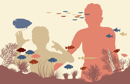 Editable vector illustration of mother and son looking at fish in an aquariumのイラスト素材