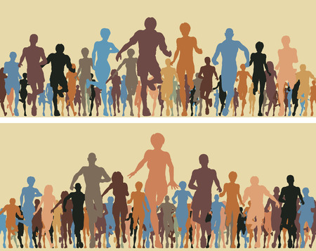 Colorful editable vector silhouettes of many people runningのイラスト素材