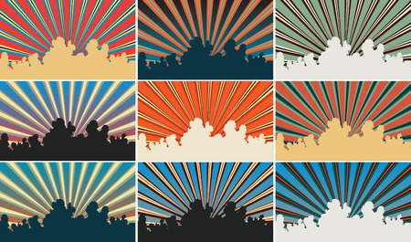 Set of color variations of an editable vector illustration of sunbeams and cloudsのイラスト素材