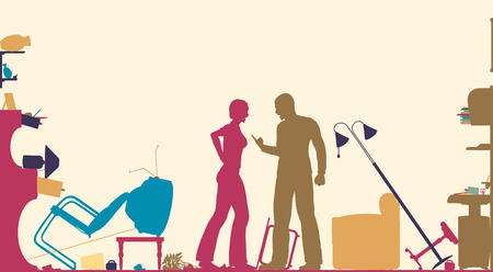 Colorful foreground silhouette of a couple having a serous domestic argument in a living roomのイラスト素材