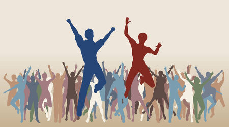 Colorful editable illustration of people jumping in celebrationのイラスト素材