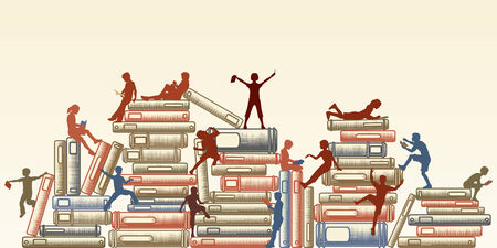 Editable illustration of children reading and clambering over piles of booksのイラスト素材