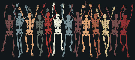 Colorful group of editable skeletons jumping togetherのイラスト素材