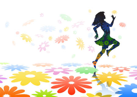 Editable silhouette of a carefree girl skipping across colorful flowersのイラスト素材