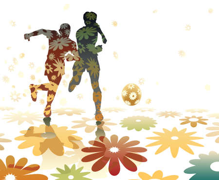 Editable vector illustration of two soccer players on a field of flowersのイラスト素材