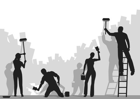 Editable vector silhouettes of people painting a blank wall with copy spaceのイラスト素材