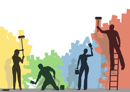 Editable silhouettes of four people painting a blank wall different colors with copy spaceのイラスト素材