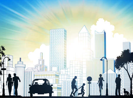 Illustration of a busy street with city buildings and sky as backgroundの写真素材
