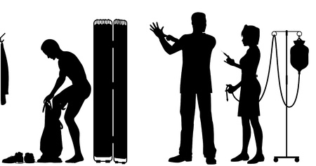 Editable silhouettes of a nurse and doctor about to exam a patientのイラスト素材