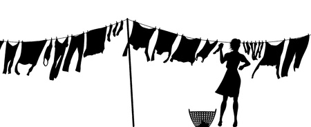 Editable silhouette of a woman hanging clothes on a washing lineのイラスト素材