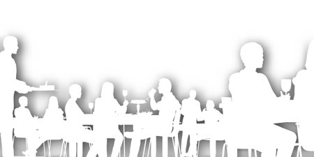 Editable cutout of people dining in a restaurant with background shadow made using a gradient meshのイラスト素材
