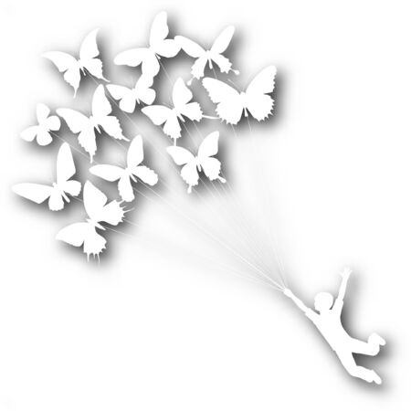 Vector cutout silhouette of a boy carried by flying butterflies with background shadow made using a gradient meshのイラスト素材
