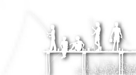Editable vector cutout of children fishing from a wooden jetty with background shadow made using a gradient meshのイラスト素材