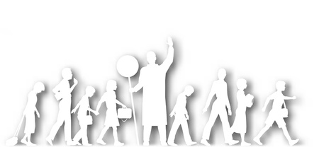 Editable vector cutout silhouettes of school children crossing a road with background shadow made using a gradient meshのイラスト素材