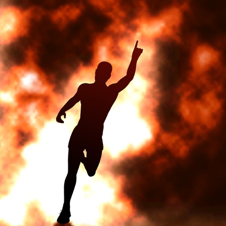 Editable vector silhouette of a running man with raised arm and fiery smoke behind with background made using a gradient meshのイラスト素材