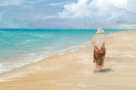 Painting of a woman wandering along a tropical beachの写真素材