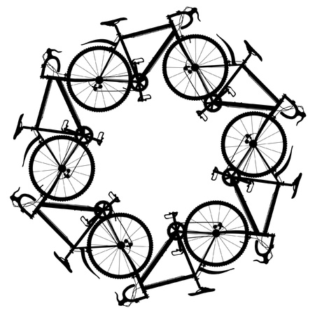 Editable illustration of six generic bicycle silhouettes joined in a hexagonal ring