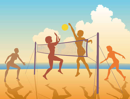 colorful silhouettes of women playing beach volleyballのイラスト素材
