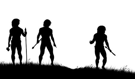 Editable silhouettes of three cavemen hunters with spears tracking animalsのイラスト素材