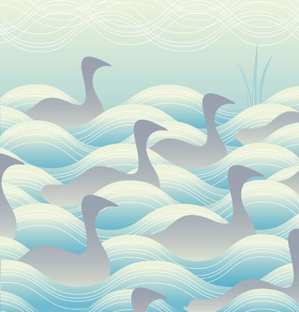 Editable illustration of a flock of ducks or geese on waterのイラスト素材