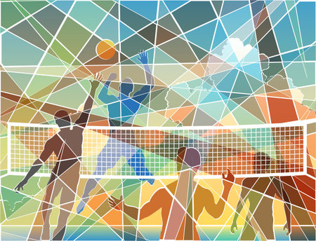 Editable colorful batik mosaic design of four men playing beach volleyballのイラスト素材