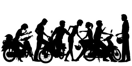 Editable vector silhouettes of a young motorcycle gang with all people and scooters as separate objectsのイラスト素材