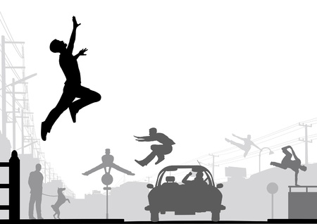 Editable vector silhouettes of men doing parkour in an urban street sceneのイラスト素材