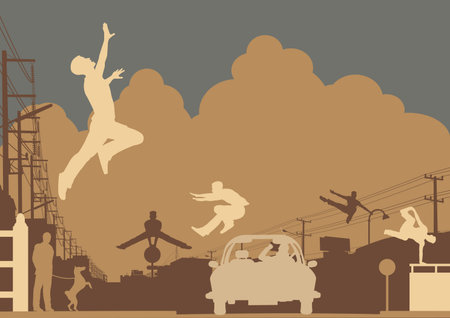 Editable Vector Silhouettes Of Men Doing Parkour In An Urban Street Sceneの イラスト素材 イメージマート