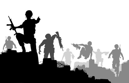 Editable silhouettes of armed soldiers charging forward with each man as a separate objectのイラスト素材