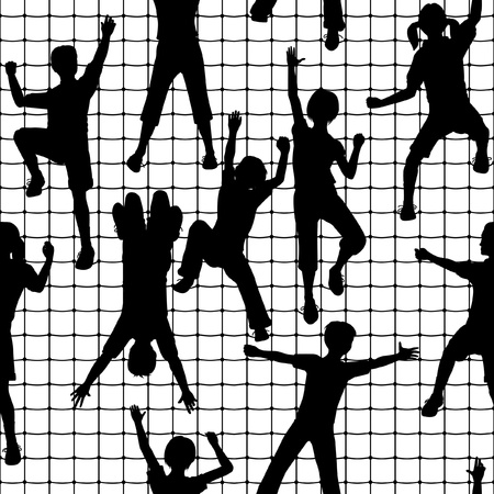 Editable seamless tile of children silhouettes climbing a rope meshのイラスト素材