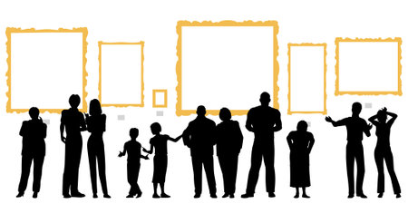 Editable vector silhouettes of diverse people at an art gallery or museumのイラスト素材
