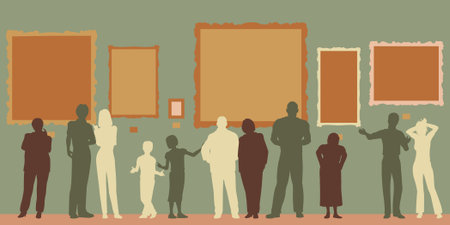 Editable vector silhouettes of diverse people at an art gallery or museumのイラスト素材