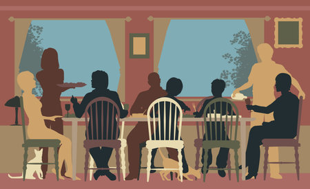 Editable colorful silhouettes of a family dining together at home or in a restaurantのイラスト素材