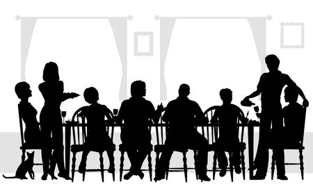 Editable silhouettes of a family dining together with all elements as separate objectsのイラスト素材