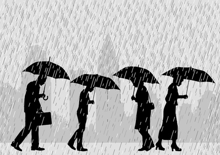 Editable illustration of people on a city street walking through rain with umbrellasのイラスト素材