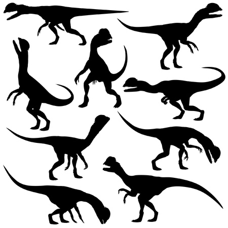 Set of editable silhouettes of Dilophosaurus dinosaurs in various posesのイラスト素材