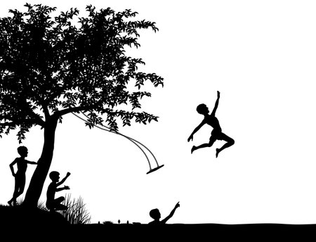 Editable silhouette of young boys leaping off a tree swing into a lake or riverのイラスト素材