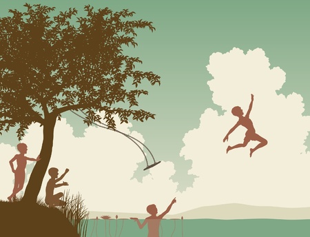 Editable illustration of young boys leaping off a tree swing into a lake or riverのイラスト素材