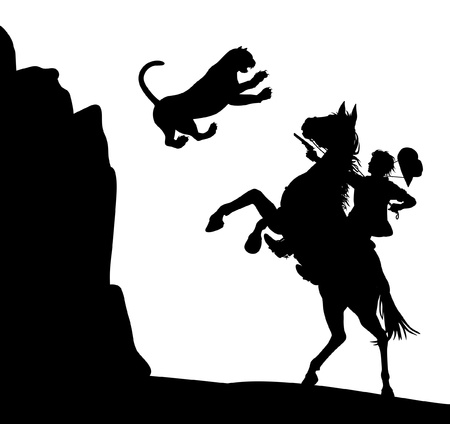 Editable illustration of a mountain lion jumping down at a cowboy on horsebackのイラスト素材
