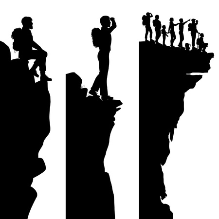 Three editable side panel silhouettes of hikers standing on top of a cliff or outcrop with all people as separate objectsのイラスト素材