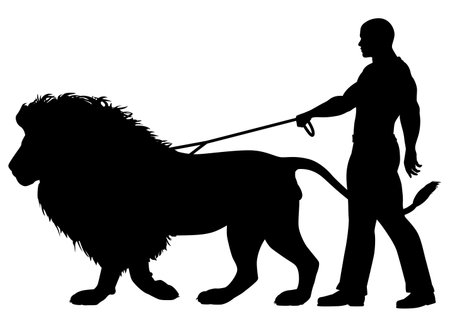 Editable vector silhouette of a man walking a lion on a leashのイラスト素材