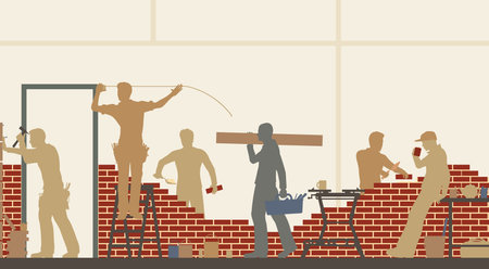 Editable illustration of construction workers at a building siteのイラスト素材